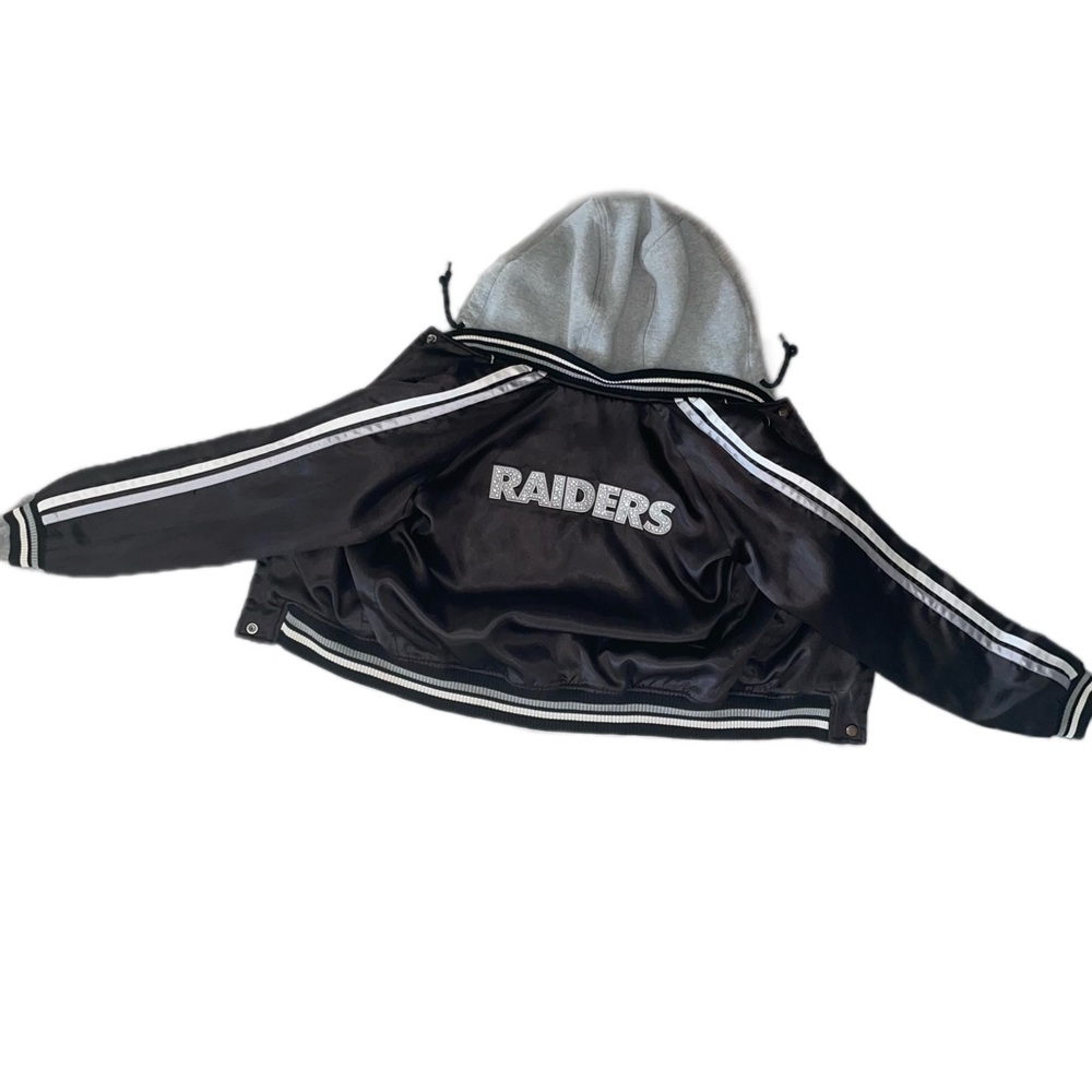 Layered Oakland Raiders Satin Varsity Hoodie w/ Zircon Rhinestone Embellishments